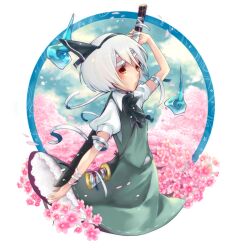  bandages commentary_request female flower hair_ribbon konpaku_youmu orange_eyes petals photoshop_(medium) puffy_sleeves ribbon short_sleeves solo sword touhou weapon white_hair zen_(raspberry) 