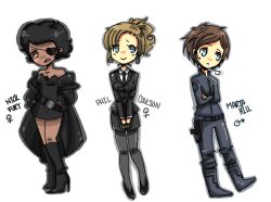  2girls avengers bare_legs chibi dark_skin eyepatch formal marvel multiple_girls nick_fury rule_63 short_hair smile suit 