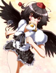  black_hair blush bread bread_slice camera commentary_request egg egg_(food) female food food_in_mouth fried_egg fried_egg_on_toast hat highres looking_at_viewer mouth_hold photoshop_(medium) red_eyes shameimaru_aya short_hair skirt solo toast toast_in_mouth tokin_hat touhou wings zan_(harukahime) 