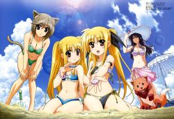  4girls :d absurdres alicia_testarossa animal_ears arf bandeau beach beach_umbrella bikini black_hair blonde_hair blue_eyes blush bracelet breasts brown_hair cat_ears cat_tail cleavage cloud crab day duplicate fate_testarossa flat_chest hair_ribbon hands_on_own_knees hashimoto_takayoshi hat highres jewelry large_breasts leaning_forward lens_flare long_hair looking_at_viewer lyrical_nanoha mahou_shoujo_lyrical_nanoha mahou_shoujo_lyrical_nanoha_a&#039;s mahou_shoujo_lyrical_nanoha_the_movie_2nd_a&#039;s medium_breasts megami_magazine moon multiple_girls navel official_art open_mouth outdoors parasol pink_sarong pixel-perfect_duplicate planet presea_testarossa purple_eyes purple_hair red_eyes ribbon rynith sarong short_hair siblings side-tie_bikini_bottom sisters sky small_breasts smile sun_hat swimsuit tail thigh_gap trowel twintails umbrella very_long_hair wolf 