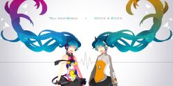  2girls absurdly_long_hair aqua_eyes aqua_hair bare_arms black_skirt bodysuit closed_eyes commentary cowboy_shot dual_persona floating_hair gradient_hair grey_bodysuit hatsune_miku headphones heartbeat_(module) long_hair multicolored_hair multicolored_shirt multiple_girls odds_&amp;_ends_(vocaloid) open_mouth orange_bodysuit pleated_skirt project_diva_(series) project_diva_f saine side-by-side skirt smile song_name sound_wave speaker tell_your_world_(vocaloid) twintails very_long_hair vocaloid wrist_cuffs 