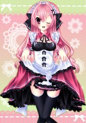  absurdres bad_id bad_pixiv_id black_thighhighs breasts cleavage clothes_lift copyright_request d; female frilled_thighhighs frills highres lace legs long_hair maid medium_breasts one_eye_closed open_mouth pink_eyes pink_hair shirato_sayuri skirt skirt_lift solo striped striped_background thighhighs 