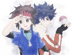  2boys bad_id bad_pixiv_id blue_hair brown_hair gloves hugh_(pokemon) jrss male_focus multiple_boys nate_(pokemon) photoshop_(medium) pokemon pokemon_bw2 