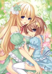  2girls :d ;d absurdres bare_shoulders blanc_(neptunia) blonde_hair blue_eyes breast_pillow breasts choker detached_sleeves flower frilled_sleeves frills hair_ornament hand_on_another&#039;s_head highres large_breasts long_hair looking_at_viewer multiple_girls neck_ribbon neptune_(series) official_art one_eye_closed open_mouth ribbon rose short_hair smile star_(symbol) star_hair_ornament thighhighs tsunako vert_(neptunia) very_long_hair white_flower white_rose white_thighhighs yuri 