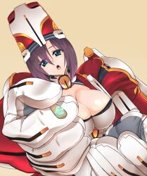  :o ao_(time-leap) armor blue_eyes breasts cleavage commentary_request feeding female hat incoming_food kyoukaisenjou_no_horizon large_breasts mechanical_arms purple_hair short_hair single_mechanical_arm solo tachibana_gin 