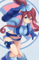  belt blue_eyes blue_footwear blue_gloves boots breasts brown_hair commentary_request crop_top female gloves hair_ornament large_breasts leaning_forward long_hair midriff mirai_denki navel photoshop_(medium) pokemon pokemon_bw2 pouch sidelocks skyla_(pokemon) smile solo thigh_gap thigh_pouch thigh_strap 