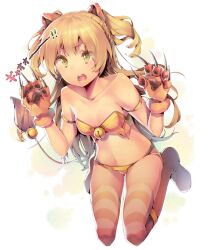  animal_ears animal_hands bad_id bad_link bad_twitter_id bare_shoulders blonde_hair collarbone dsmile female green_eyes idolmaster idolmaster_cinderella_girls jougasaki_rika lion_ears lion_girl lion_tail long_hair open_mouth simple_background solo striped_clothes striped_thighhighs tail thighhighs translated two_side_up white_background 