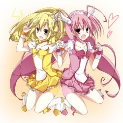  2girls blonde_hair bow choker commentary_request cure_happy cure_peace hair_flaps heart holding_hands hoshizora_miyuki long_hair looking_at_viewer magical_girl multiple_girls open_mouth pink_bow pink_choker pink_eyes pink_hair pink_shorts pink_skirt precure sakura-no shorts skirt smile_precure yayoi_kise yellow_bow yellow_eyes yellow_skirt 