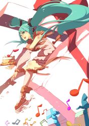  bad_id bad_pixiv_id boots cake detached_sleeves female food gift green_eyes green_hair hatsune_miku ian_olympia kneehighs long_hair musical_note socks solo twintails very_long_hair vocaloid 