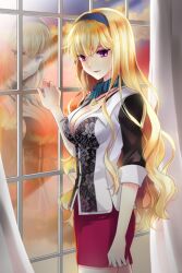  blonde_hair breasts cleavage curtains female grin hair_between_eyes hairband hand_on_window impossible_clothes jewelry large_breasts linia_pacifica long_hair lowres mca_(dessert_candy) necklace open_mouth photoshop_(medium) pink_eyes reflection scarf skirt sleeves_rolled_up smile solo standing sunset sword_girls very_long_hair wavy_hair window 