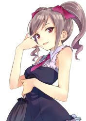  bare_shoulders commentary_request dress female grey_hair holding idolmaster idolmaster_cinderella_girls kanzaki_ranko looking_at_viewer necktie red_eyes simple_background solo t-okada twintails umbrella white_background 