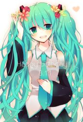  aqua_eyes aqua_hair bad_id bad_pixiv_id bare_shoulders dated detached_sleeves female flower hair_flower hair_ornament happy_birthday hatsune_miku heart long_hair looking_at_viewer necktie open_mouth shimotsuki_eri simple_background skirt smile solo twintails very_long_hair vocaloid 