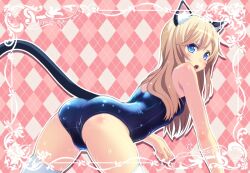  amamiya_minato animal_ears argyle_background bad_id bad_pixiv_id bare_shoulders blonde_hair blush cat_ears cat_tail female long_hair one-piece_swimsuit open_mouth original outline school_swimsuit solo swimsuit tail thighhighs wet white_thighhighs 