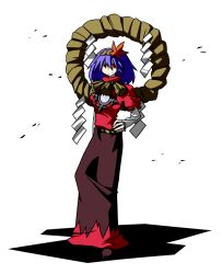  bad_id bad_pixiv_id blue_hair female hair_ornament highres leaf long_legs long_sleeves maple_leaf puffy_sleeves red_eyes rope shimenawa short_hair smile solo standing touhou yasaka_kanako yoshida_hideyuki 