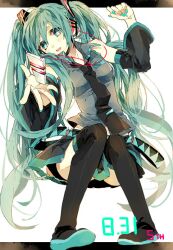  belt boots commentary_request detached_sleeves digital_media_player female green_eyes green_hair hatsune_miku headphones letterboxed long_hair nail_polish necktie photoshop_(medium) sitting skirt solo thigh_boots thighhighs twintails very_long_hair vocaloid wonoco0916 