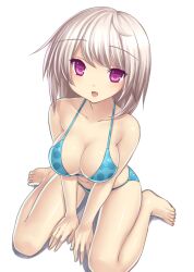  bare_legs bare_shoulders barefoot bikini blonde_hair blush breasts cleavage collarbone commentary_request feet female from_above large_breasts light_brown_hair looking_up oerba_yun_fang open_mouth original red_eyes short_hair simple_background sitting smile solo swimsuit tsukumiya_amane wariza white_background 