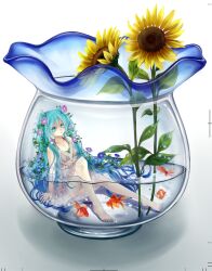  aqua_eyes aqua_hair barefoot blacksio blue_flower commentary_request dress feet female fish fishbowl flower goldfish hair_flower hair_ornament hatsune_miku highres in_container long_hair looking_at_viewer mini_person minigirl morning_glory nail_polish oversized_object partially_submerged pink_flower purple_flower sitting solo sunflower toenail_polish toenails twintails very_long_hair vocaloid water yellow_flower 