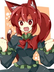  alternate_hairstyle animal_ears bad_id bad_pixiv_id cat_ears cat_tail female kaenbyou_rin kuromari_(runia) long_hair long_sleeves multiple_tails oerba_yun_fang open_mouth puffy_sleeves red_eyes red_hair solo tail touhou 