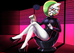  1girls anthro crossed_legs earrings female female_gardevoir female_only gardevoir glasses green_hair high_heels nintendo open_mouth pokemon pokemon_rse red_eyes shadman short_hair sitting solo speech_bubble sweater text therapist thighs turtleneck white_skin 