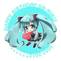  2007 2012 aqua_eyes aqua_hair character_name chibi commentary_request detached_sleeves female happy_birthday hatsune_miku headset heart long_hair micchi_(qube_star) open_mouth skirt solo thighhighs twintails very_long_hair vocaloid 