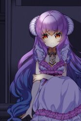  amrita_(sword_girls) crying crying_with_eyes_open dress female frilled_dress frills frown holding_own_arm horns jewelry lock long_hair lowres necklace odeu photoshop_(medium) pink_hair red_eyes sitting solo sword_girls tears very_long_hair wavy_hair 