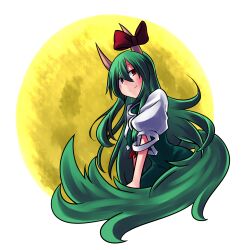  bad_id bad_pixiv_id bow ex-keine female green_hair highres kamishirasawa_keine long_hair puffy_sleeves red_eyes short_sleeves smile solo touhou very_long_hair yoshida_hideyuki 