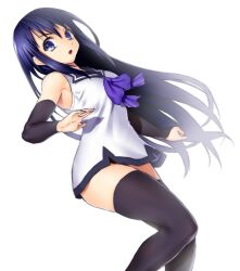  bad_id bad_pixiv_id bare_shoulders black_thighhighs blue_eyes blue_hair bow commentary_request dress female gokukoku_no_brynhildr kuroha_neko long_hair looking_at_viewer onsoku_inu open_mouth paint.net_(medium) sleeveless solo thighhighs white_dress 