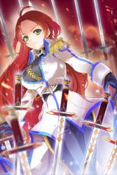  ahoge belt deeple epaulettes female gloves green_eyes jacket jaina_preventer long_hair lowres military military_uniform open_mouth parted_bangs photoshop_(medium) red_hair solo sword sword_girls uniform weapon 