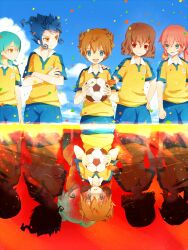  6+boys ball blue_hair brown_hair cloud commentary_request day different_reflection fei_rune inazuma_eleven_(series) inazuma_eleven_go inazuma_eleven_go_chrono_stone kariya_masaki kirino_ranmaru lightning_bolt_symbol matsukaze_tenma multiple_boys pink_hair raimon raimon_soccer_uniform reflection shindou_takuto soccer_ball soccer_uniform sportswear telstar tsurugi_kyousuke yuke_(kotoneyuki) 