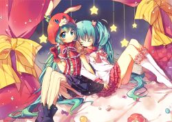  2girls animal_hood bad_id bad_pixiv_id closed_eyes hatsune_miku hood lol_-lots_of_laugh-_(vocaloid) long_hair multiple_girls pantyhose pf photoshop_(medium) rabbit_hood sitting socks star_(symbol) very_long_hair vocaloid 