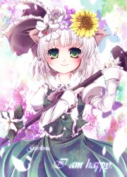  animal_ears blush commentary_request embellished_costume english_text female fetefeteli flower frilled_sleeves frills green_eyes hair_flower hair_ornament hair_ribbon konpaku_youmu lily_(flower) long_sleeves petals puffy_sleeves ribbon rose sheath sheathed short_hair smile solo sunflower sword touhou weapon white_flower white_rose 