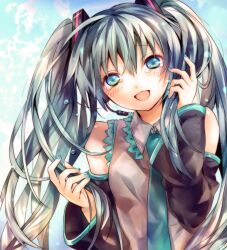  aqua_eyes aqua_hair bad_id bad_pixiv_id bare_shoulders detached_sleeves female hatsune_miku headset long_hair looking_at_viewer madogawa necktie open_mouth photoshop_(medium) smile solo tears twintails vocaloid 