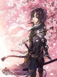  1boy artist_name bishounen black_eyes cherry_blossoms commentary hakuouki_shinsengumi_kitan hijikata_toshizou_(hakuouki) kagalin katana male_focus petals purple_eyes purple_hair sheath signature solo sword watermark weapon web_address 