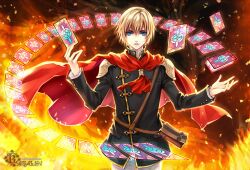  1boy ace_(fft-0) akademeia_uniform artist_name bad_id bad_pixiv_id blonde_hair blue_eyes cape card final_fantasy final_fantasy_type-0 fire kagalin male_focus photoshop_(medium) scarf signature solo watermark web_address 