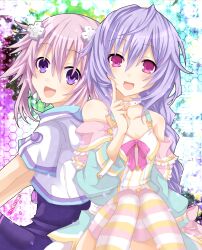  2girls bad_id bad_pixiv_id braid hair_ornament hinano kami_jigen_game_neptune_v long_hair multiple_girls neptune_(neptunia) neptune_(series) open_mouth purple_eyes purple_hair pururut short_hair smile striped_clothes striped_thighhighs thighhighs twin_braids 