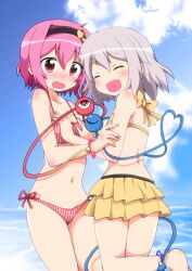  2girls :d ^_^ bikini blush closed_eyes commentary_request frilled_bikini frills grey_hair groin hairband hands_on_another&#039;s_chest komeiji_koishi komeiji_satori massala multiple_girls navel no_headwear oerba_yun_fang open_mouth pink_eyes pink_hair red_eyes siblings sisters smile striped_bikini striped_clothes swimsuit third_eye touhou vertical-striped_bikini vertical-striped_clothes wavy_mouth 