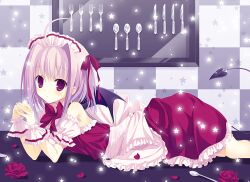  ahoge bad_id bad_nicoseiga_id checkered demon_girl demon_tail female flower fork knife lying maid maid_headdress on_stomach original petals pink_hair red_eyes solo spoon star_(symbol) tail wrist_cuffs yashiro_seika 