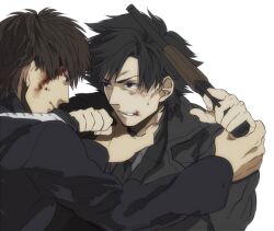  2boys bad_id bad_pixiv_id battle black_eyes black_hair blood blood_on_face brown_eyes brown_hair butubutubutubutu duel emiya_kiritsugu fate/zero fate_(series) gun handgun knife kotomine_kirei male_focus multiple_boys thompson/center_contender weapon 