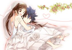  1boy 310_(satopoppo) :d alternate_costume bad_id bad_pixiv_id bare_shoulders barefoot black_hair bridal_veil brown_eyes brown_hair couple double_bun dress female flower formal gloves hair_bun high_heels hugh_(pokemon) long_hair open_mouth pokemon pokemon_bw2 red_eyes red_flower red_rose rosa_(pokemon) rose shoes single_shoe smile spiked_hair straight suit twintails veil wedding wedding_dress white_dress wind 