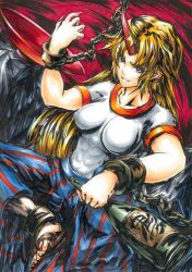  abs bad_id bad_pixiv_id blonde_hair bottle breasts chains cup female gibagiba grin horns hoshiguma_yuugi large_breasts long_hair long_skirt marker_(medium) photoshop_(medium) red_eyes sakazuki sandals shirt single_horn sitting skirt smile solo striped_clothes striped_skirt t-shirt touhou traditional_media vertical_stripes 