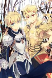  2boys ahoge armor arthur_pendragon_(fate) blonde_hair bracelet commentary_request earrings fate/prototype fate_(series) gauntlets gilgamesh_(fate/prototype) green_eyes highres jewelry male_focus multiple_boys rain_lan red_eyes smile 