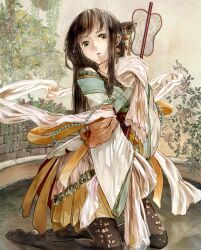  bare_shoulders beads black_pantyhose brown_hair chinese_clothes commentary_request diao_chan female green_eyes hand_fan hanfu highres jewelry kneeling long_hair mi-so necklace original pantyhose sangokushi_taisen shawl solo water 