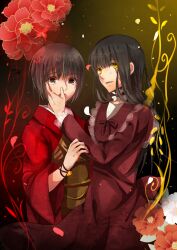  2girls bad_id bad_pixiv_id black_hair brown_eyes brown_hair bug butterfly choker dress fatal_frame fatal_frame_2 fatal_frame_4 flower haibara_ayako highres japanese_clothes kimono kurozatou_owata long_hair multiple_girls obi open_mouth rattle sash short_hair tachibana_chitose tears yellow_eyes 