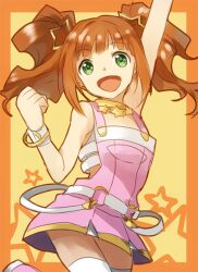  arm_up bracelet brown_hair commentary_request female green_eyes idolmaster idolmaster_(classic) jewelry overalls pink_diamond_765_(idolmaster) shion_(kizuro) smile solo star_(symbol) takatsuki_yayoi twintails 