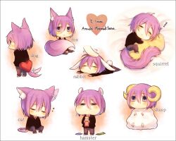  1boy animal_ears blush border cat_ears cat_tail character_name closed_eyes commentary_request dog_boy dog_ears dog_tail eating fox_ears fox_tail hamster_boy hamster_ears heart horns kuroko_no_basuke male_focus mika_(1020mk) multiple_views murasakibara_atsushi purple_eyes purple_hair rabbit_ears rabbit_tail sheep_horns sitting sleeping squirrel_ears squirrel_tail tail 