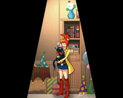  badge balloon bookshelf boots cat_(ghost_trick) commentary_request feline female flower ghost_trick highres jacket legrais_hadrien lynne_(ghost_trick) painting_(object) party_popper red_hair scarf signature standing vase 