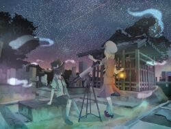  2girls architecture bad_id bad_pixiv_id blonde_hair bow brown_hair commentary_request east_asian_architecture graveyard hat hat_bow highres hitodama kyoto maribel_hearn multiple_girls necktie night night_sky outdoors pointing puffy_sleeves shooting_star short_hair short_sleeves sitting skirt sky standing star_(sky) star_(symbol) stargazing starry_sky telescope tokoroten_(hmmuk) tombstone touhou usami_renko 