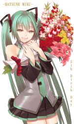  aqua_eyes aqua_hair aqua_necktie bare_shoulders birthday bouquet character_name commentary_request cowboy_shot detached_sleeves female flower gladiolus green_eyes green_hair hatsune_miku lily_(flower) long_hair looking_at_viewer necktie photoshop_(medium) pleated_skirt red_flower red_rose rose sentoiro shiny_clothes simple_background skirt smile solo twintails very_long_hair vocaloid white_background 