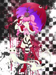  boots checkered checkered_background crown drill_hair female full_body ghost legs_crossed midriff one_piece perona pink_hair red_shoes red_skirt shoes short_cape shummylass sitting skirt splatter striped striped_legwear thighhighs twintails umbrella 