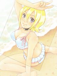  arm_support arm_up barefoot beach bikini blonde_hair blush breasts butt_crack choker cleavage female frilled_bikini frills hatena_(tegaki) looking_at_viewer medium_breasts onizuka_hime ribbon sitting sket_dance skindentation smile solo swimsuit v wariza white_bikini 